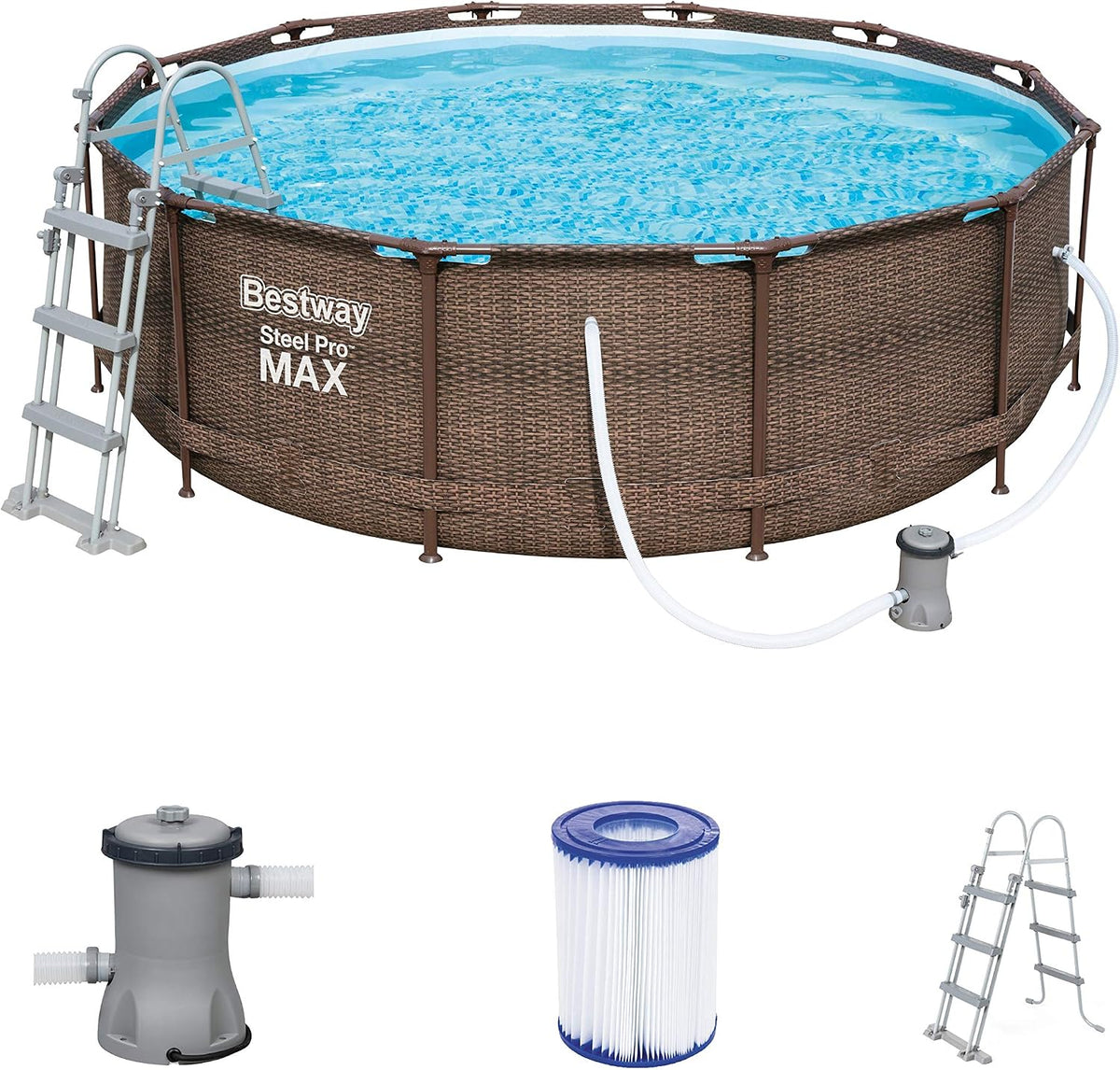 Bestway Stahlrahmenpool, 366 x 100 cm, Braun/Blau/Grau, Steel Pro Max Framepool-Set, rund, mit Filterpumpe & Sicherheitsleiter