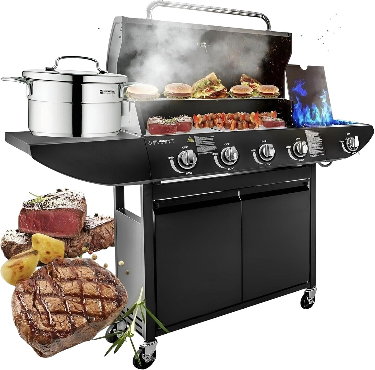 Touch of Venetian Gasgrill, Schwarz/Silber, Lagerfeuer Original Barbecue BBQ 5 Gasbrenner 4+1, Stahl Warmhalterost
