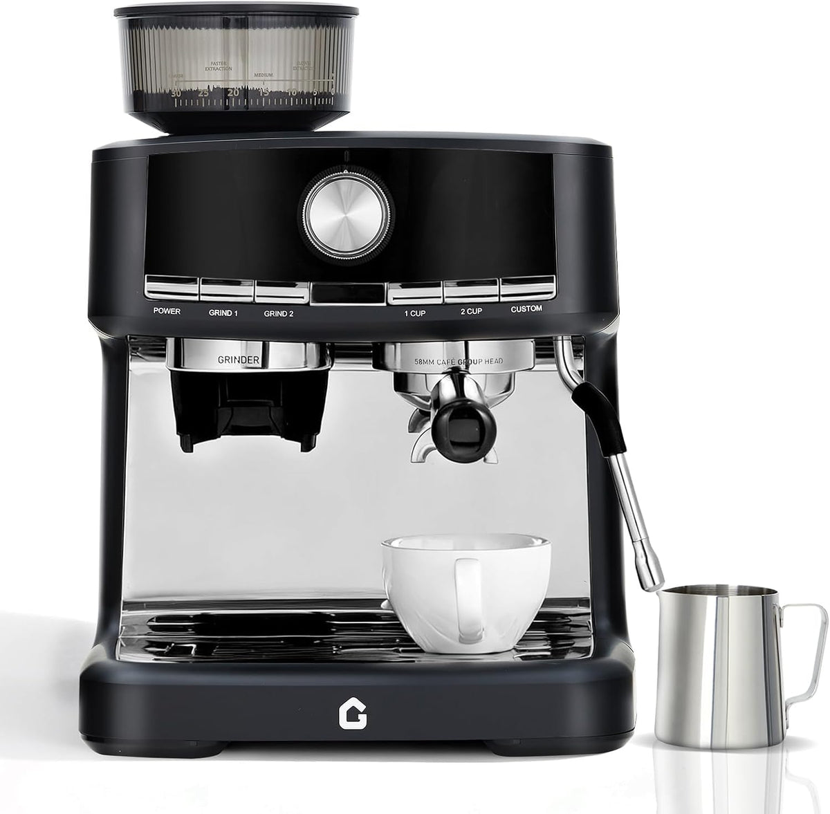 Euker Milchaufschäumer, 1,5 L, 58 Mm, Schwarz/Silber, 20-Bar-Espressomaschine Mit Mahlwerk Und, 30 Mahlgradeinstellungen & Siebträger Für Latte