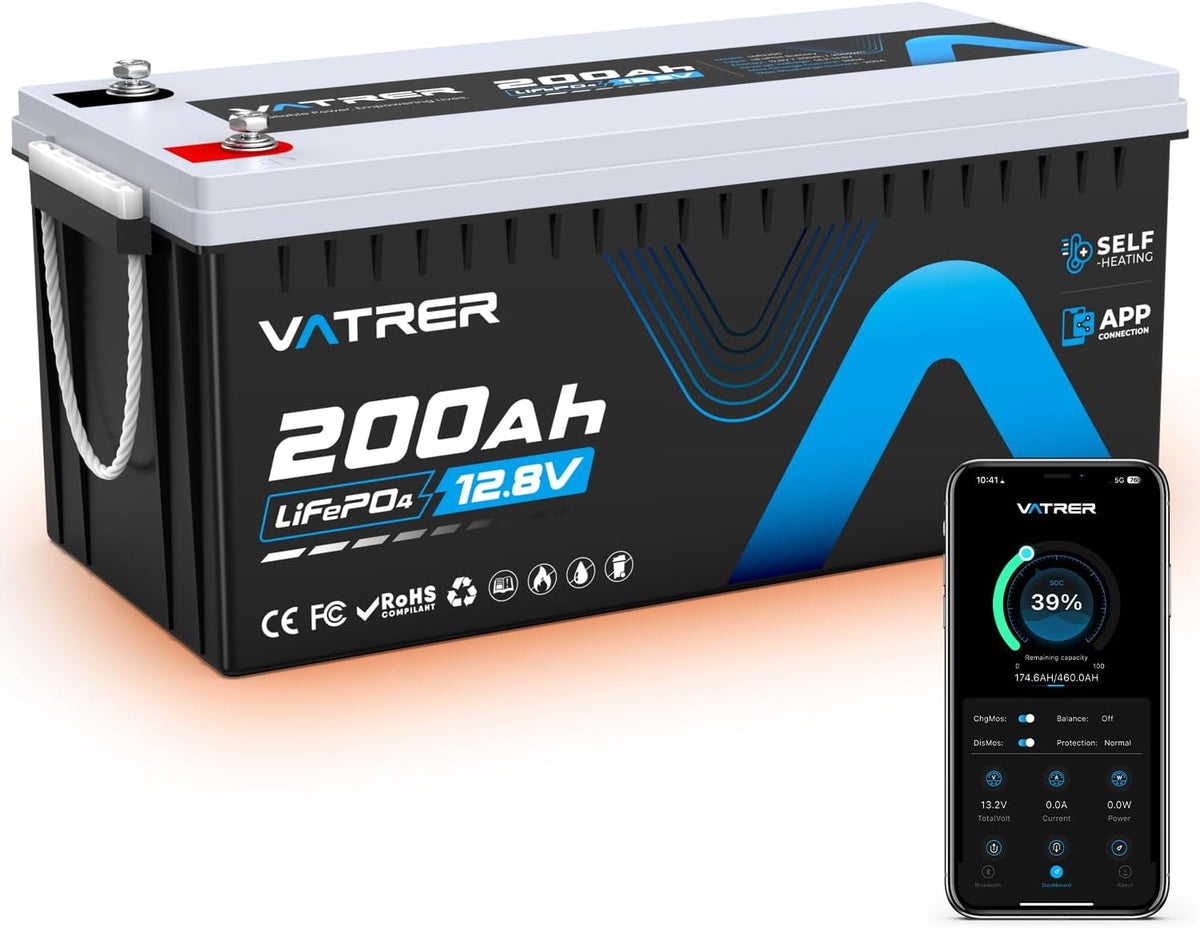 VATRER POWER Deep-Cycle-Batterien, 2560 Wh, 200 Ah, 12 V, Schwarz/Grau/Blau, Selbstaufheizende LiFePO4 RV- & Wohnmobil-Batterie