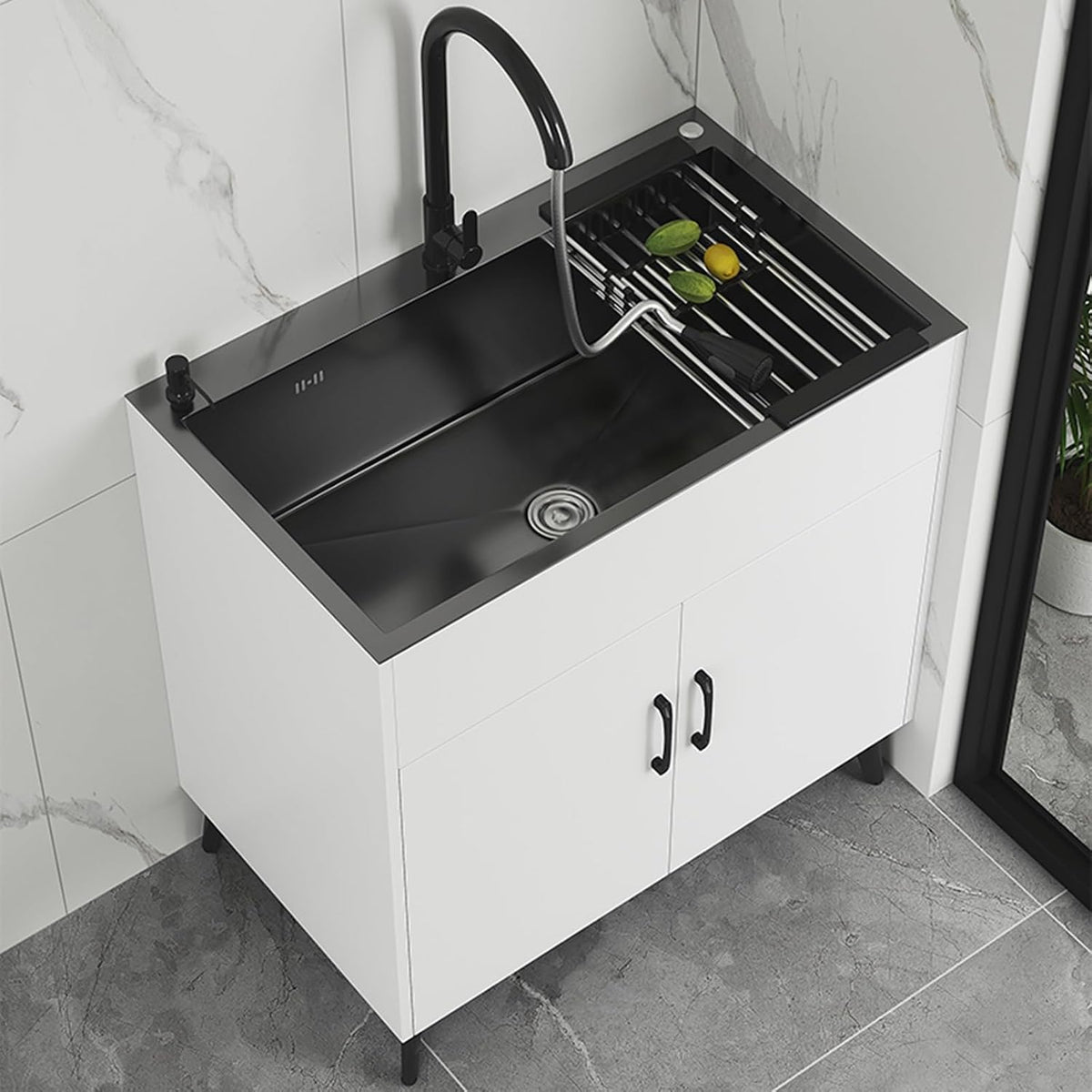 DIHRVTHC 1Becken, 50 cm, Schwarz/Weiß, Spülenunterschrank, Küchenspüle Mit Unterschrank, Spülenschrank Mit Spüle Und Armatur