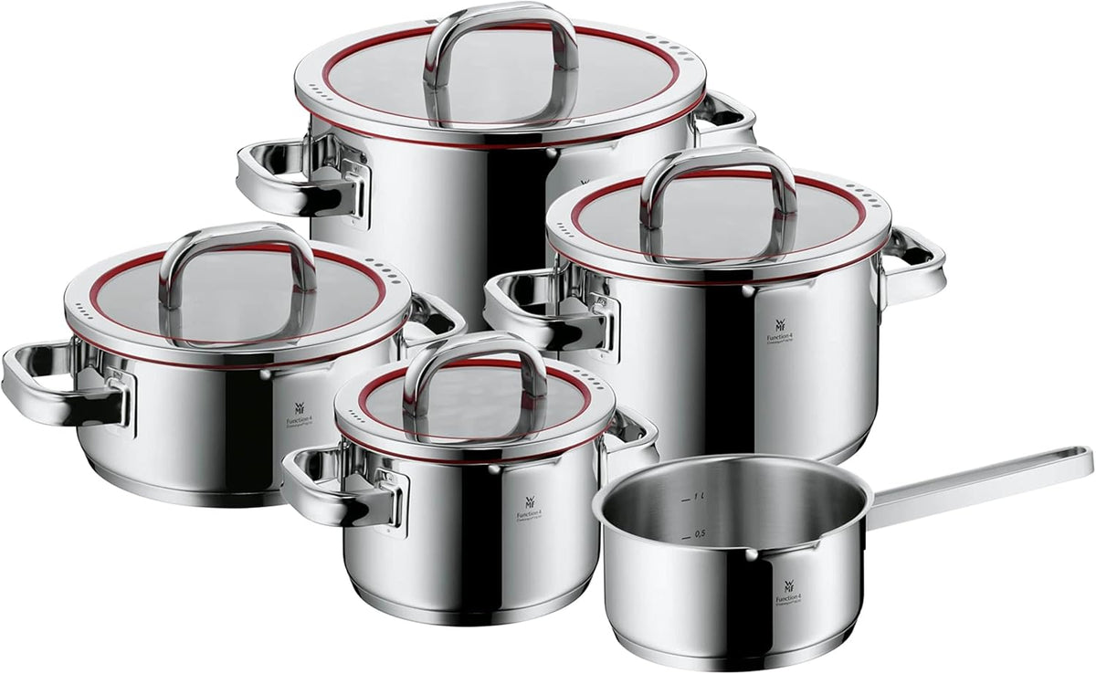 WMF Gasherd, Silber/Transparent, Function 4 Topfset Induktion 5-teilig, Glasdeckel mit 4 Abgießfunktionen, Cromargan Edelstahl poliert
