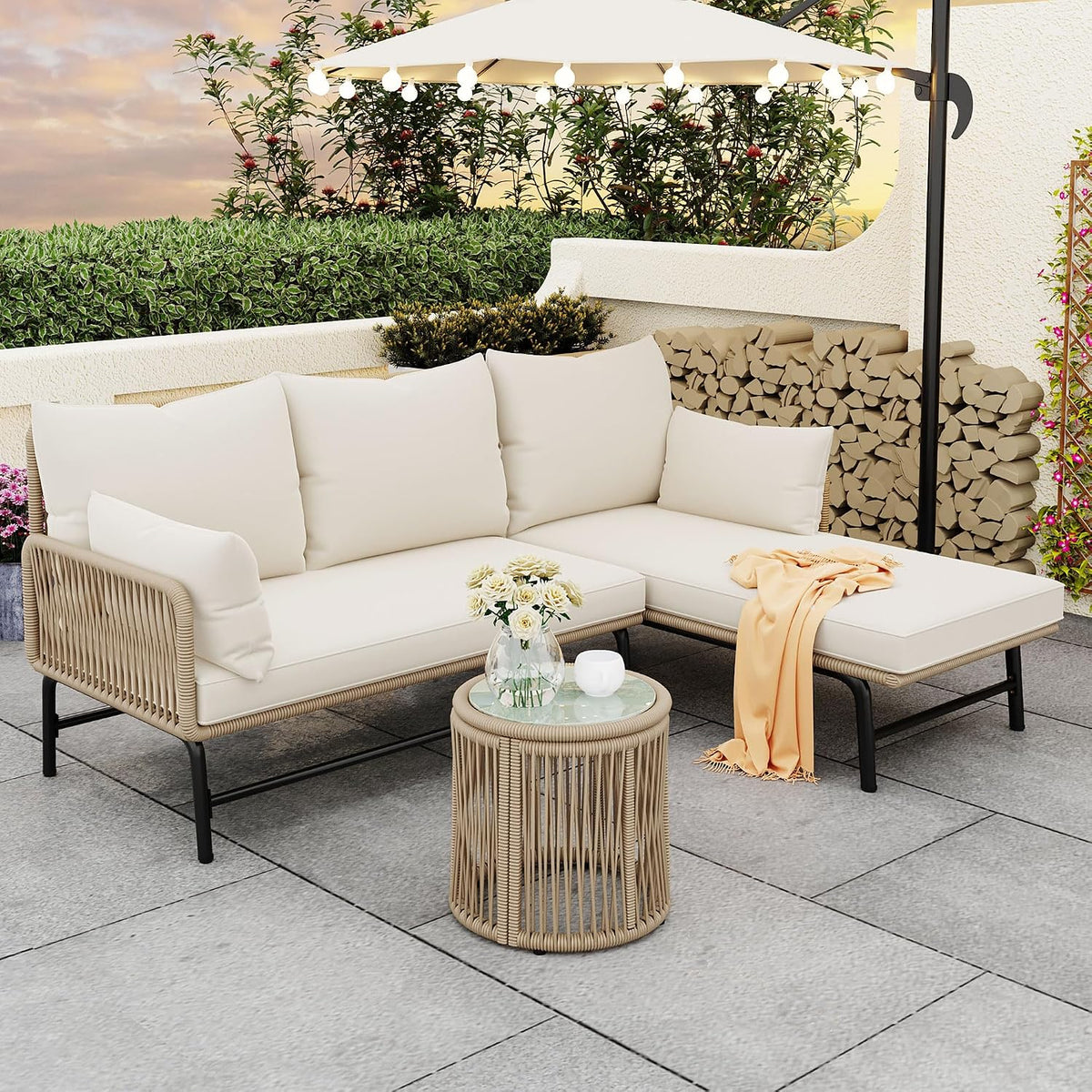 Sofa Merax, Beige, Gartenmöbel Set 3-4 Personen, Sitzgruppe Gartenlounge Set mit Kissen & Rund tisch, Wetterfest für Terrasse