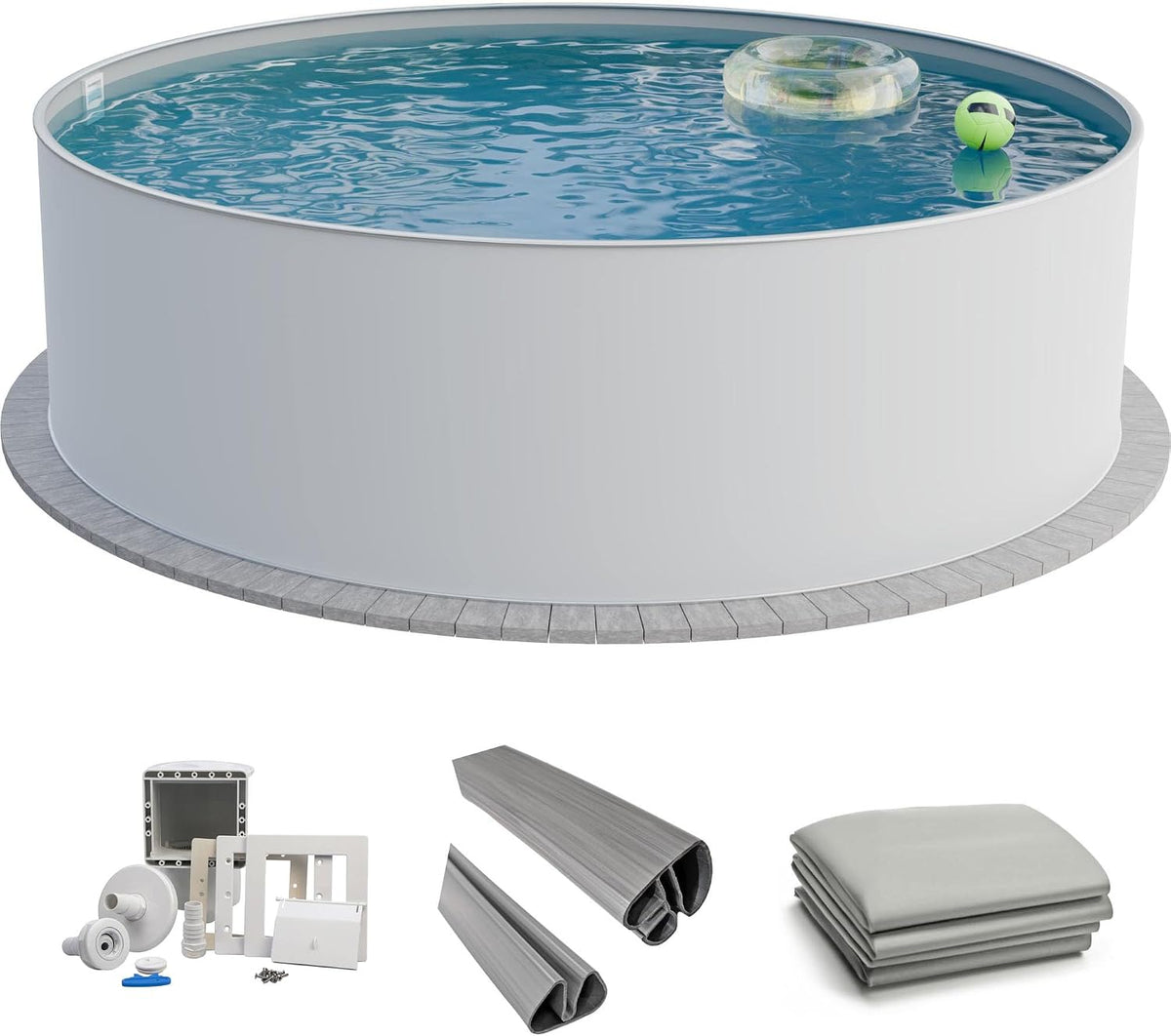 Fresh-Pool Stahlrahmenpool, 420x150 cm, 0,8 mm, Weiß/Grau, Profi Stahlwand Set rund, Stahl weiß, Folie grau, Einhängebiese
