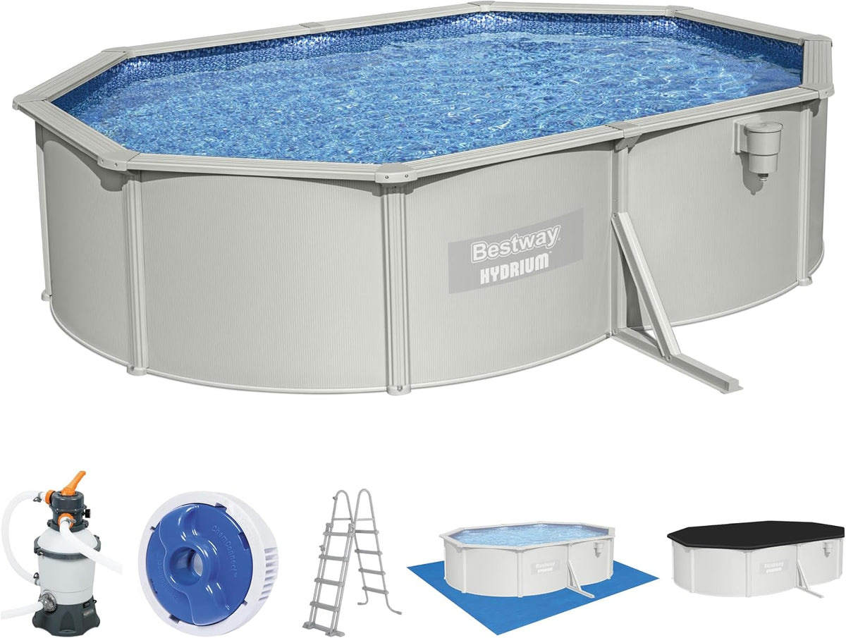 Bestway Stahlrahmenpool, 500 x 360 x 120 cm, Wasserkapazität (90%): 16.269 Liter, Innenverkleidung in Kieselmosaik-Optik, grau/blau