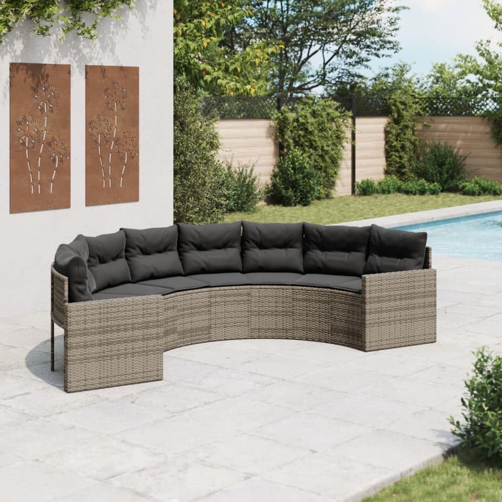 Gartenmöbel-Set Mokuyary, PE-Rattan, pulverbeschichteter Stahl, Grau/Beige, Gartensofa mit Kissen Halbrund Grau Poly Rattan Gartenmöbel