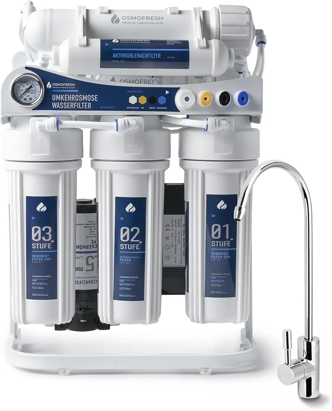 OsmoFresh Wasseraufbereiter, 1,8 l, 115 l, Weiß, Osmoseanlage Proline X3, 750 GPD, /min, Premium Osmosehahn