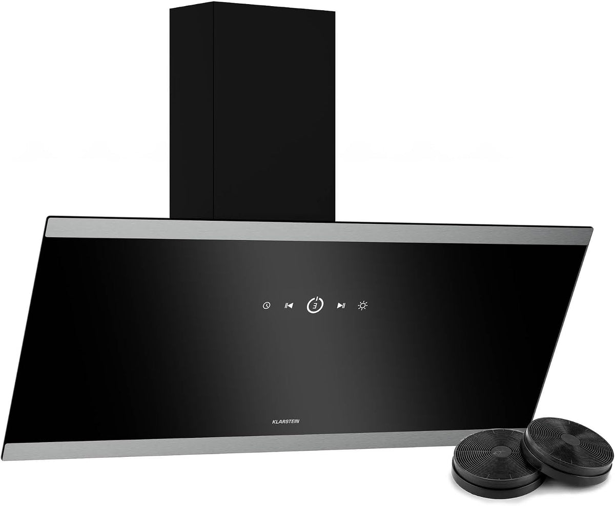 Klarstein Dunstabzugshaube, 34,5 dB, 90 cm, 524 m, Schwarz/Silber, FlashLine, Kopffreihaube, Touchscreen, A++ Energieeffizienz