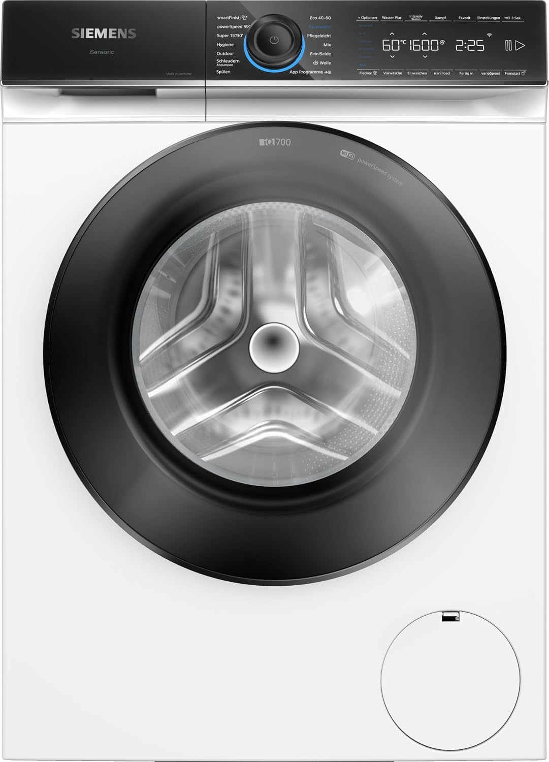 SIEMENS Waschmaschine, 9 kg, Weiß/Schwarz, WG46B2071, iQ700, Smarte, 1600 UpM, Made in Germany, Antiflecken-System