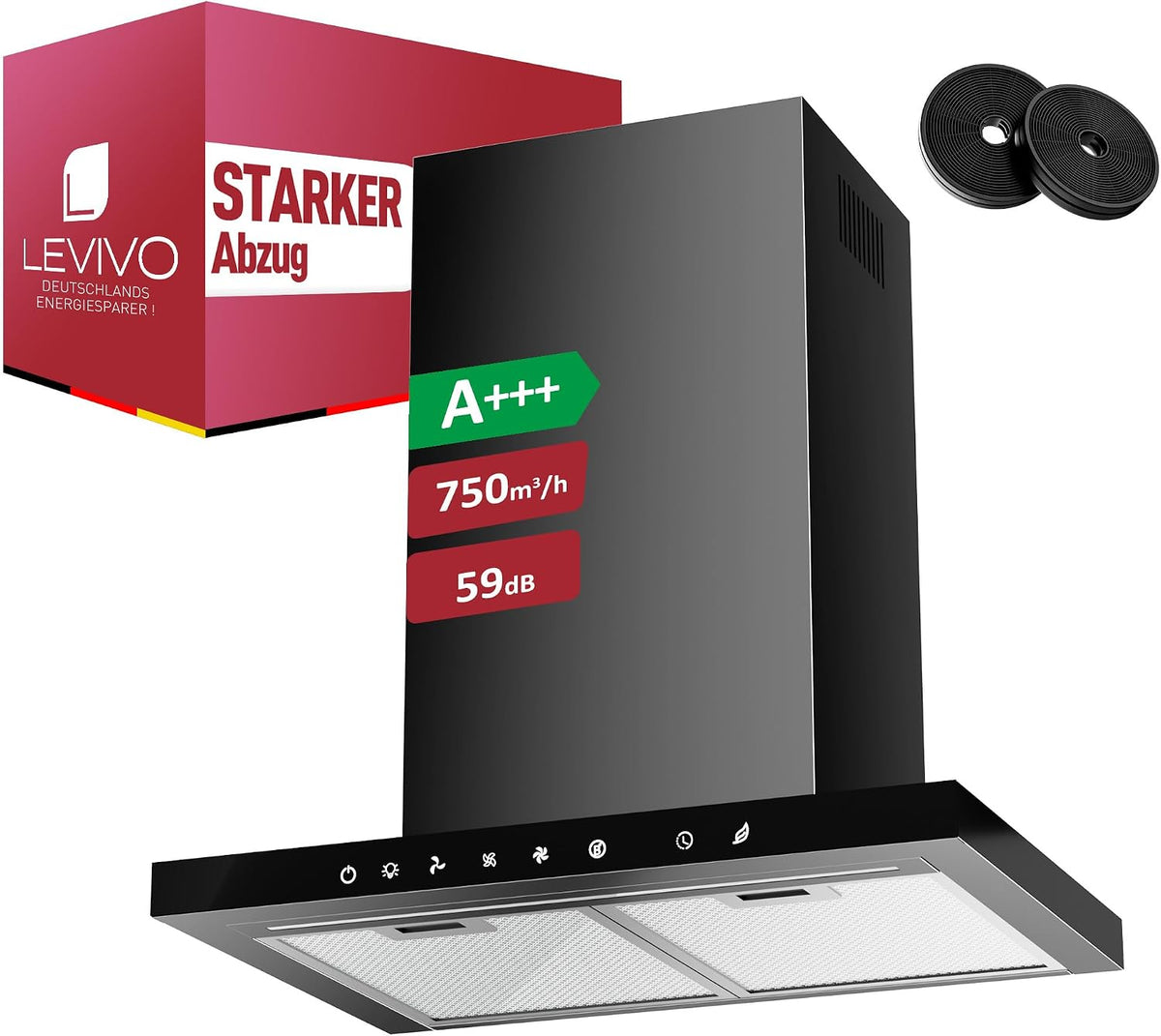 LEVIVO Dunstabzugshaube, 750 m, 60 cm, Schwarz, A+++ Umluft & Abluft mit ³/h Luftleistung, Abzugshaube mit 2 Aktivkohlefiltern