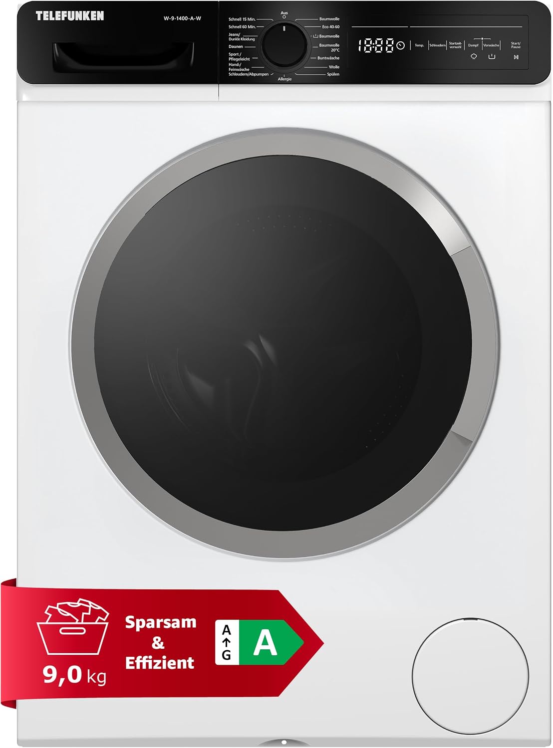 TELEFUNKEN Waschmaschine, 9 kg, Weiß/Schwarz, mit Dampffunktion, 1400 U/Min., Frontlader, Inverter Motor - Leise & Effizient