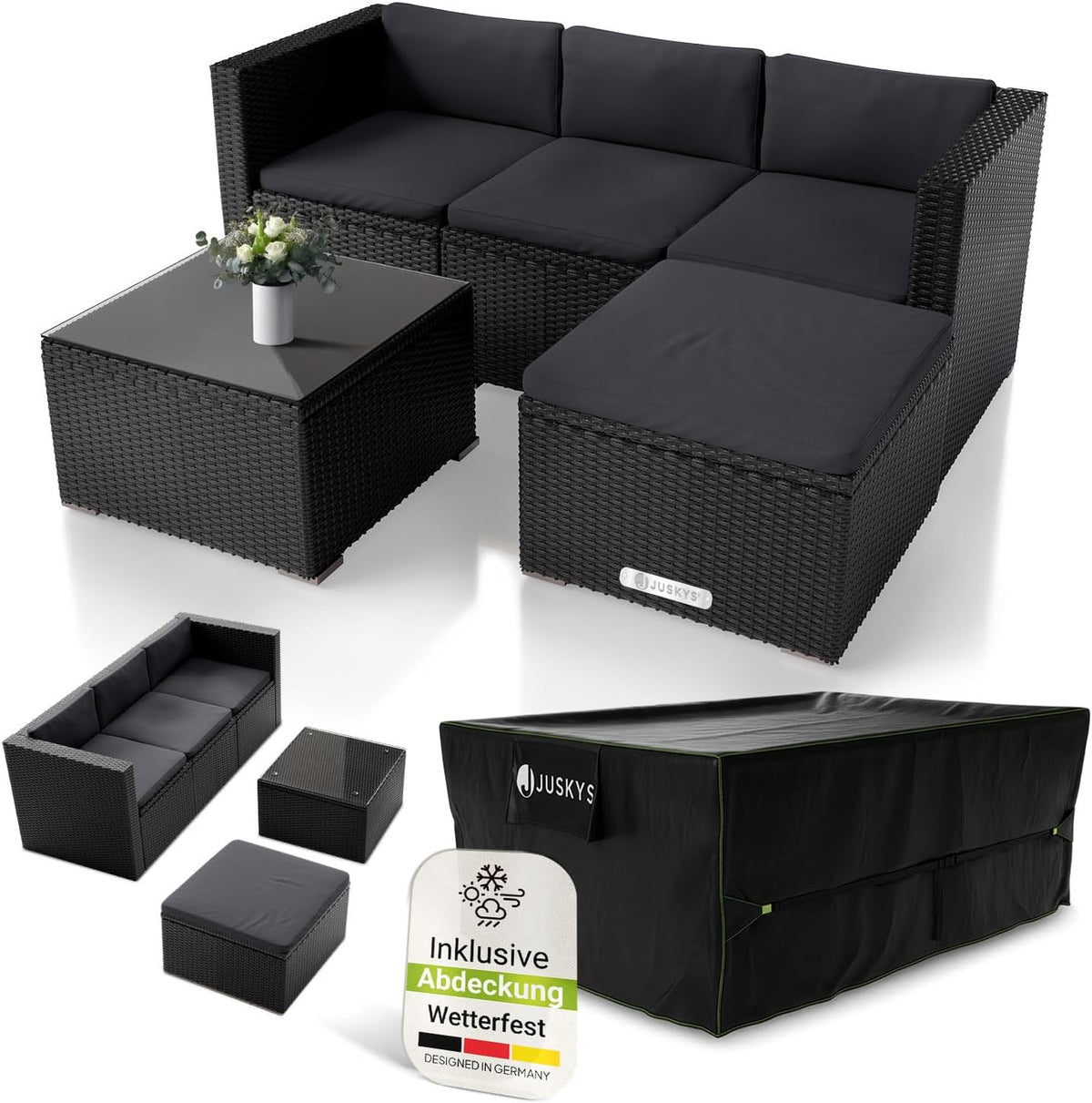 Sofa Juskys, Schwarz/Dunkelgrau, ® Polyrattan Lounge Punta Cana M inkl. Abdeckung für 3-4, Sessel, Tisch & Kissen