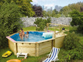 Chillroi Stahlrahmenpool, 428 x 428 x 124 cm, 96 x 199 cm, Blau/Holz, Achteck Massiv Holzpool Modell 2C, Set inkl. Sonnenterrasse