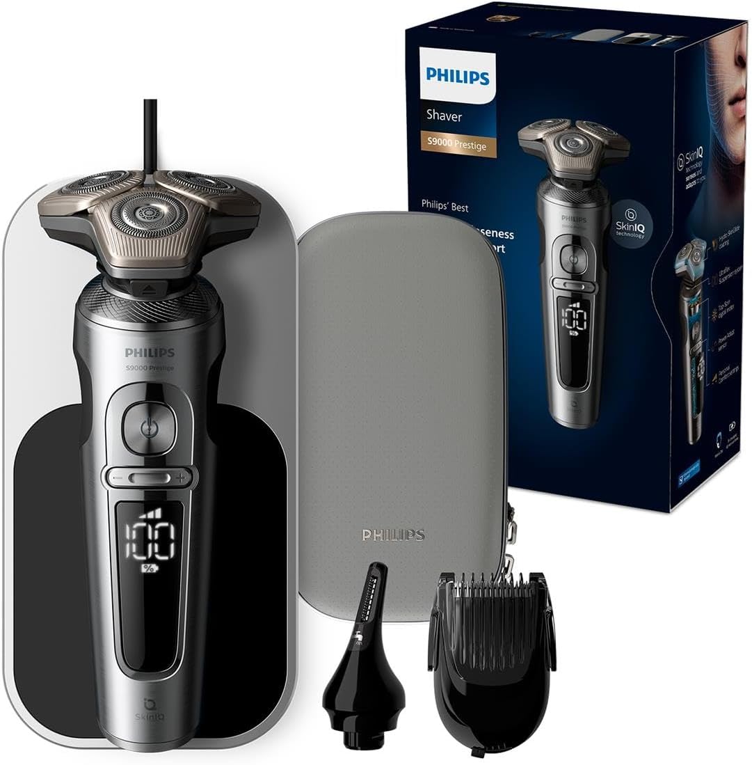 Philips Elektrorasierer, Silber/Schwarz, Rasierer S9000 Prestige - Elektrischer Nass- und, glänzendes Chrom, Lift & Cut-Rasiersystem