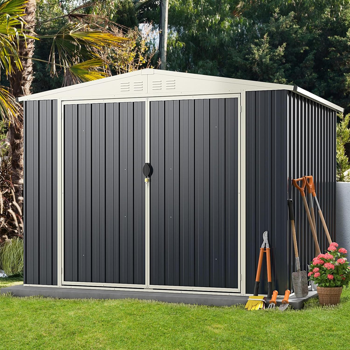 Gerätehaus COSTWAY, 246 x 193 x 180 cm, Verzinkter Farbstahl, Anthrazit/Beige