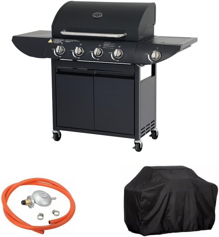 Touch of Venetian Gasgrill, Schwarz, Lagerfeuer - 4+1 Brenner mit Warmhalterost, Seitenbrenner, Temperaturanzeige