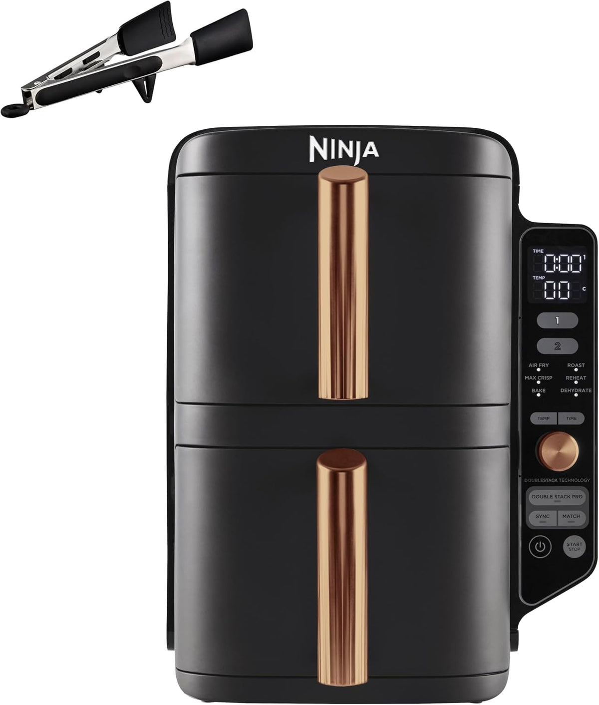 Ninja Heissluftfritteuse, 9,5 L, Schwarz/Kupfer, Double Stack XL Heißluftfritteuse, 2 vertikale Schubladen, 4 Kochstufen