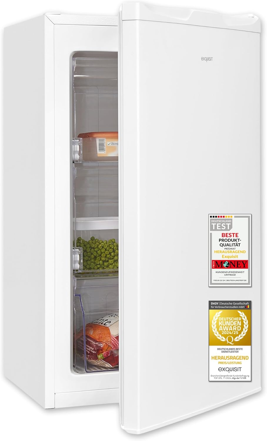Exquisit Gefrierschrank, 39 dB, 63 l, Weiß, Nutzinhalt, Energieeffizienzklasse E, kompakte Bauform, 4-Sterne-Gefrieren