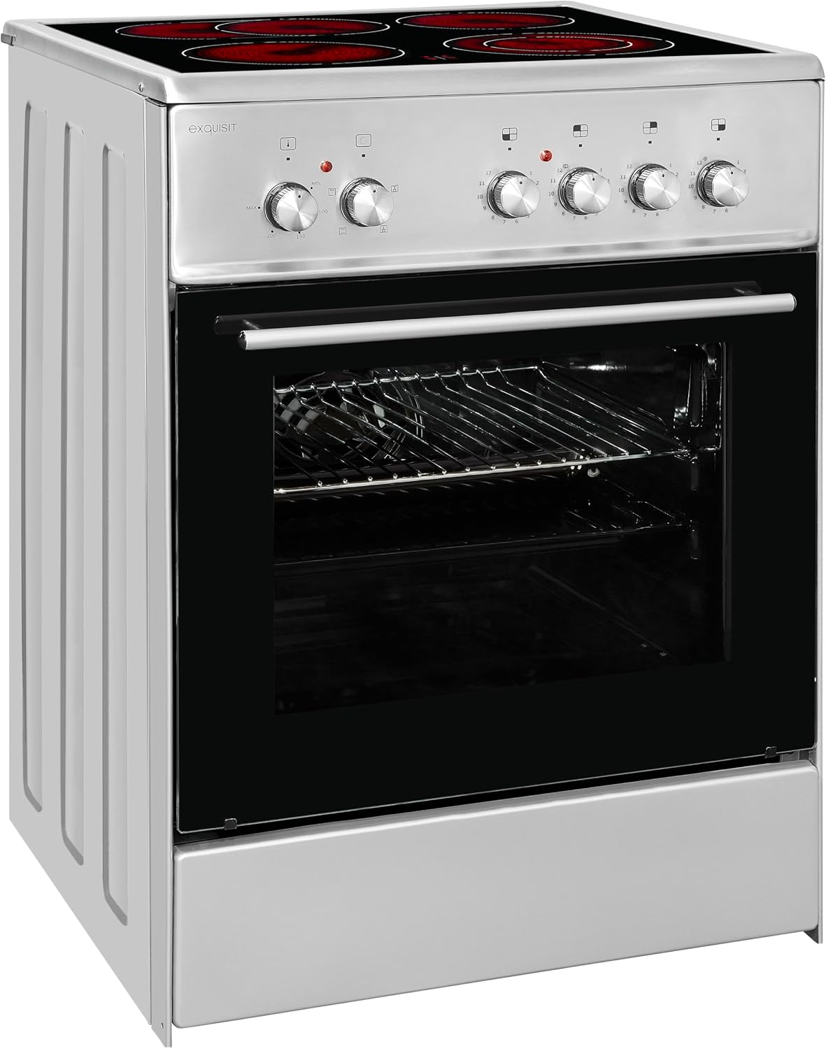 Exquisit Elektroherd, 60 cm, 61 L, Silber/Schwarz, Standherd ECM 6-4 BZ Inox, Elektro-Standherd, 2-Kreis-Bräterzone