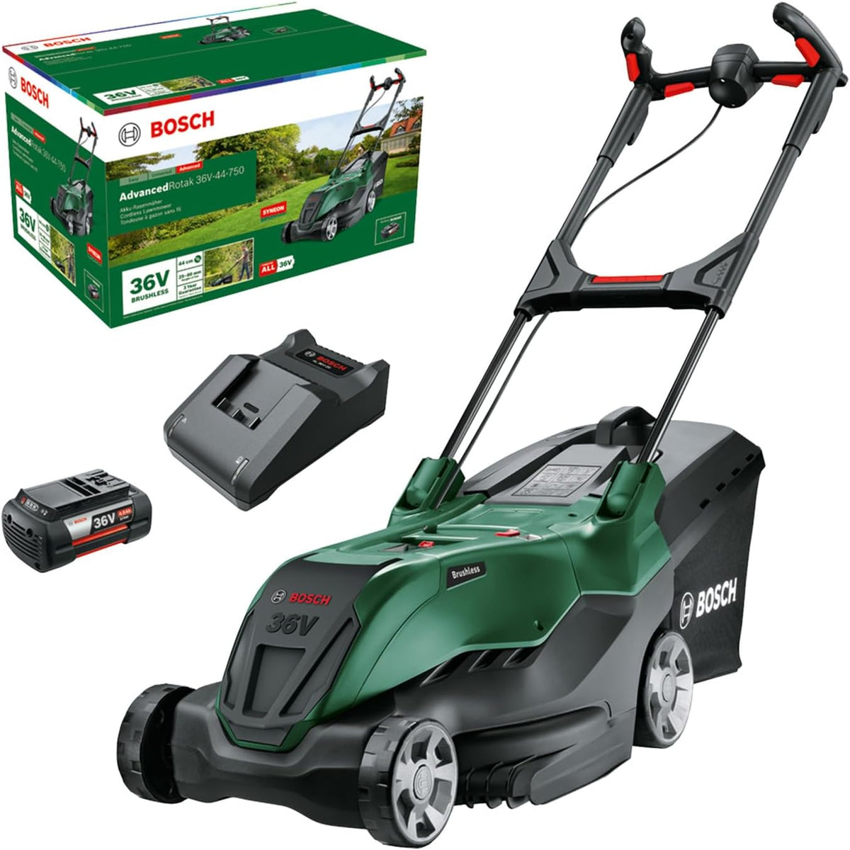 Bosch Rasenmäher, 4.0 Ah, 44 cm, 36 V, grün/schwarz, leistungsstarker Akku- AdvancedRotak -44-750 (zum Rasenmähen