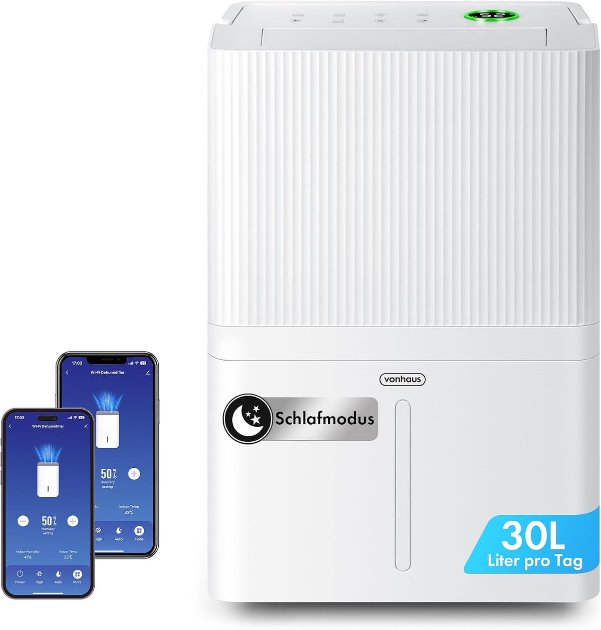 VonHaus Luftentfeuchter, 44 dB, 140m, 30 L, Weiß, Elektrisch mit App & WLAN, /24H, Entfeuchter für Keller, Raumentfeuchter für Räume ³/40m²