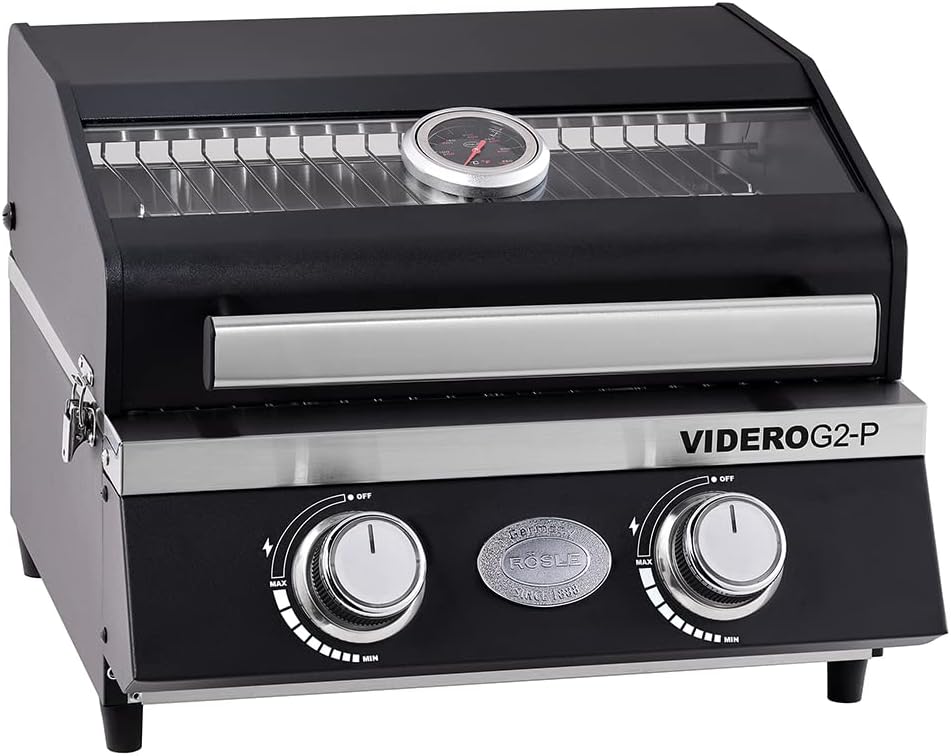 RÖSLE Gasgrill, Schwarz/Silber, BBQ-Portable VIDERO G2-P, tragbarer Tischgrill mit 2 Edelstahlbrennern, Warmhalterost und Deckel mit Glaseinsatz sowie