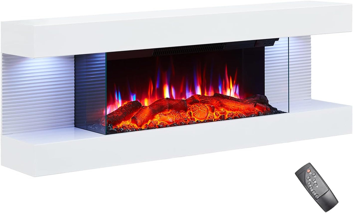 BALDERIA Elektrokamin, 1,8 kW, Weiß, Lumina - Wandkamin, LED Kamin, 3D-Flammeneffekt, 13 LED-Farben, Heizleistung