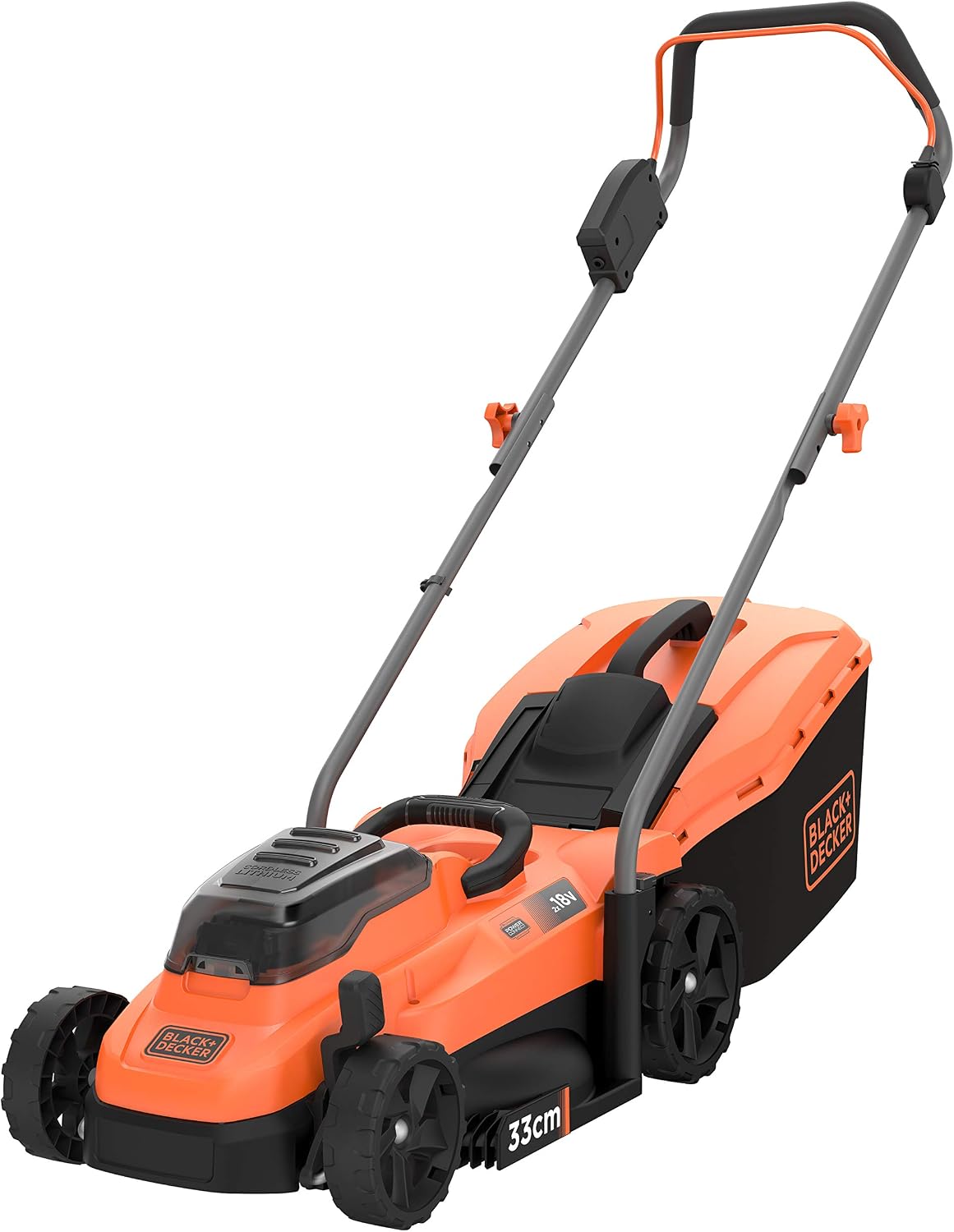 BLACK+DECKER Rasenmäher, 4.0 Ah, 33 cm, 400 m, 18 V, Orange/Schwarz, Akku Elektro mit 2 Akkus + Ladegerät (betrieben mit 2x Akkus
