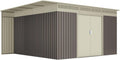 Gerätehaus Hoggar by Okoru, 397x333x191 cm, Beige/Grau, Gartenhaus Metall 13, 22m2, Seitendach für Brennholz - Doppelte Schiebetür