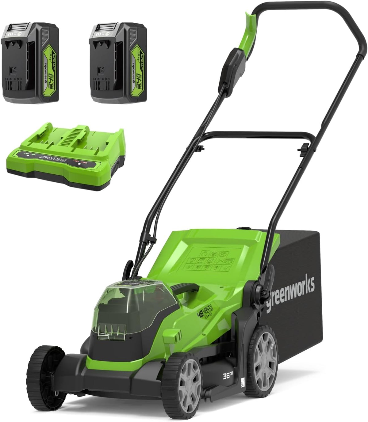Greenworks Rasenmäher, 420 m, 36 cm, 48 V, 24 V, Grün/Schwarz, ( x 2) Kabelloser Akku für Flächen bis zu ², Schnittbreite