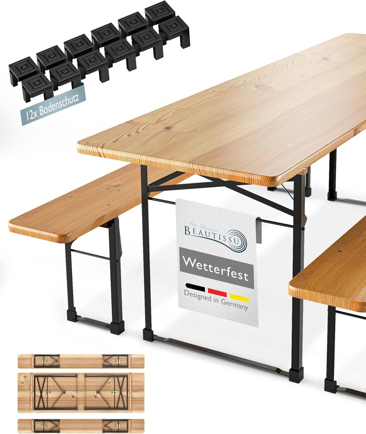 Gartenmöbel-Set Beautissu, 220x50 cm, Holz/Schwarz, Gartengarnitur, 3tlg Bierzeltgarnitur Holz - 1x Biertischgarnitur & 2x