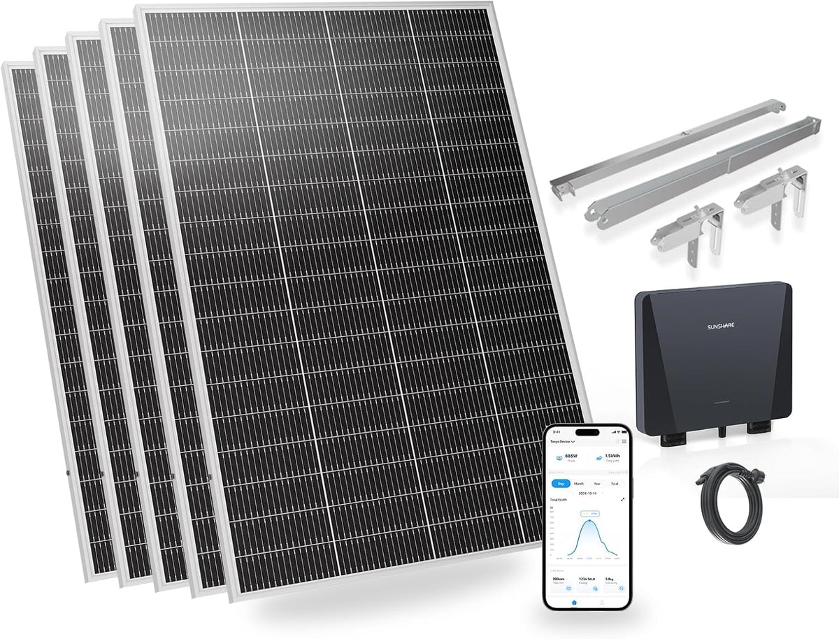 SUNSHARE Mikrowechselrichter, 1000 W, 800 W, Schwarz/Silber, Ray Lite Balkonkraftwerk mit Halterung, Leichtes, Geeignet für verschiedene Balkone
