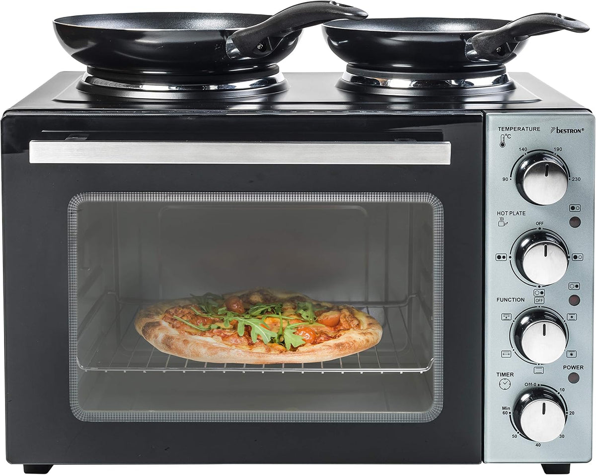 Bestron Backofen, Schwarz/Silber, AOV31CP Kleinküche, Mini- mit Doppelkochplatte, Ober-/Unterhitze mit Umluftfunktion bis 230°C