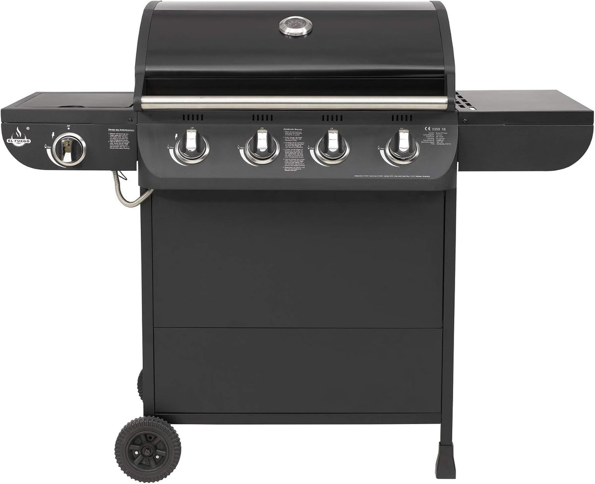 El Fuego Gasgrill, Schwarz, 'COLUMBUS' von ® 4 + 1 Brenner Grill Smoker Grillwagen BBQ, inkl. Seitenbrenner, verchromter Warmhalterost