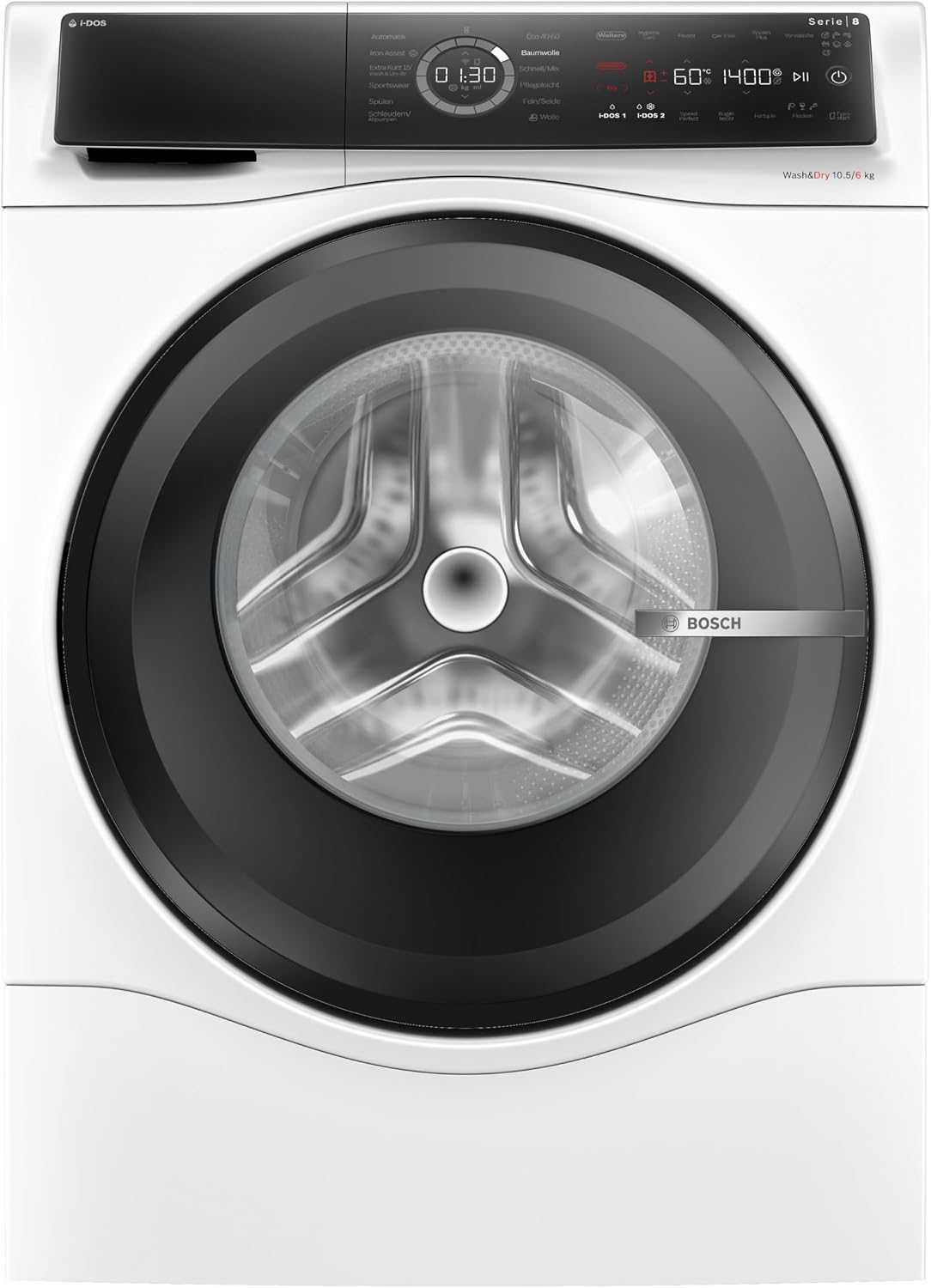 Bosch Waschtrockner, 10.5 kg, 6 kg, Weiß/Schwarz, WNC254A40, Serie 8, Smarter, Waschen & Trocknen, 1400 UpM, i-Dos intelligente Waschmittel-Dosierung