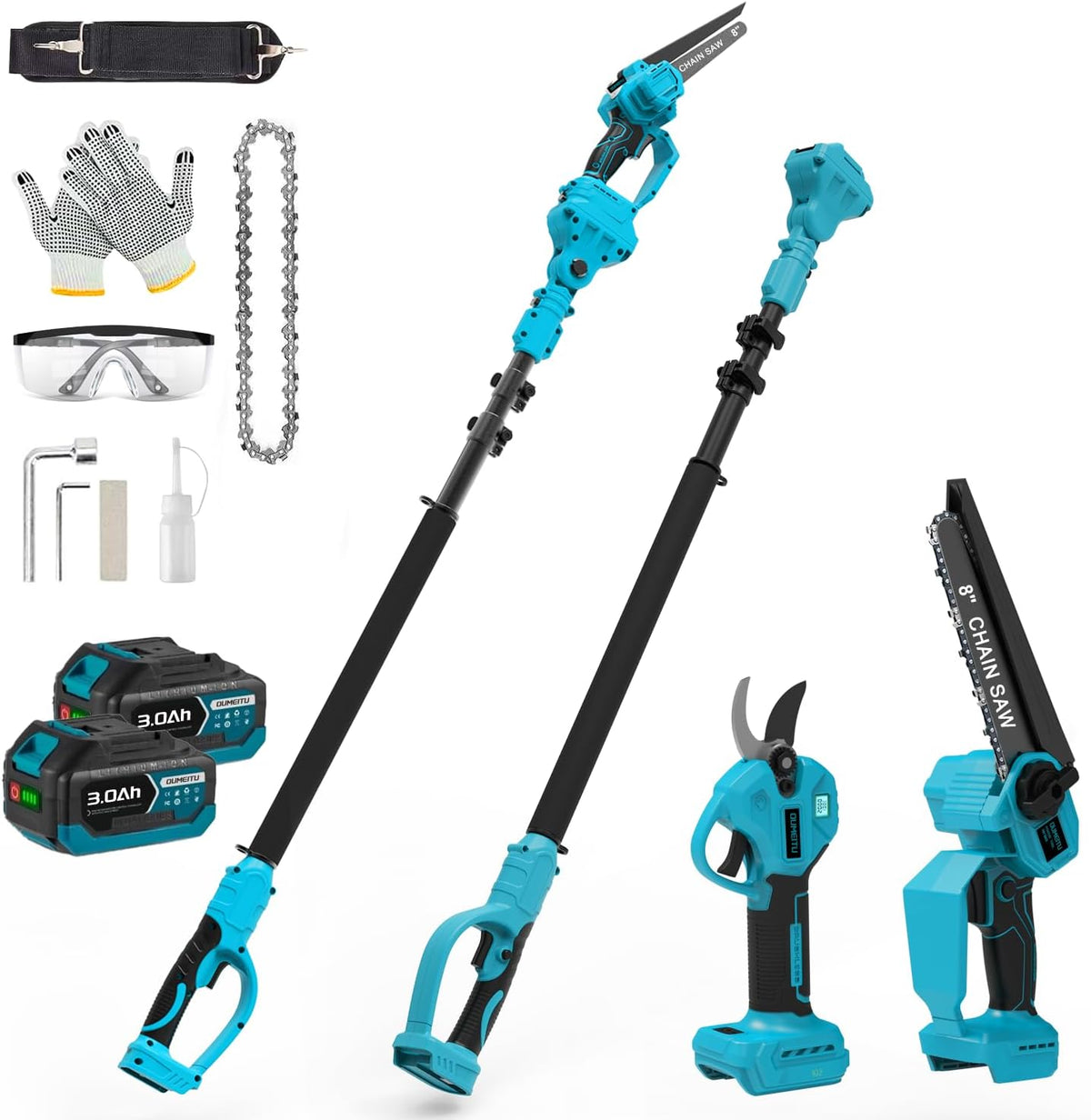 Oumeiu Kettensäge, 8 Zoll, 30 mm, 3.0 Ah, 950 W, schwarz/blau, 4-in-1 Mini mit Teleskopstange & Akku Astschere, Arbeitsreichweite 4M