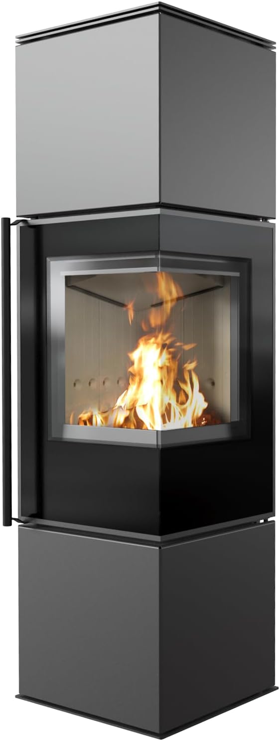 kratki Kaminofen, 150 mm, 7 kW, schwarz, Ren/M Eckkamin, freistehend aus Stahl Ø 2 Seiten Glas - BImSchV 2, Tür rechts
