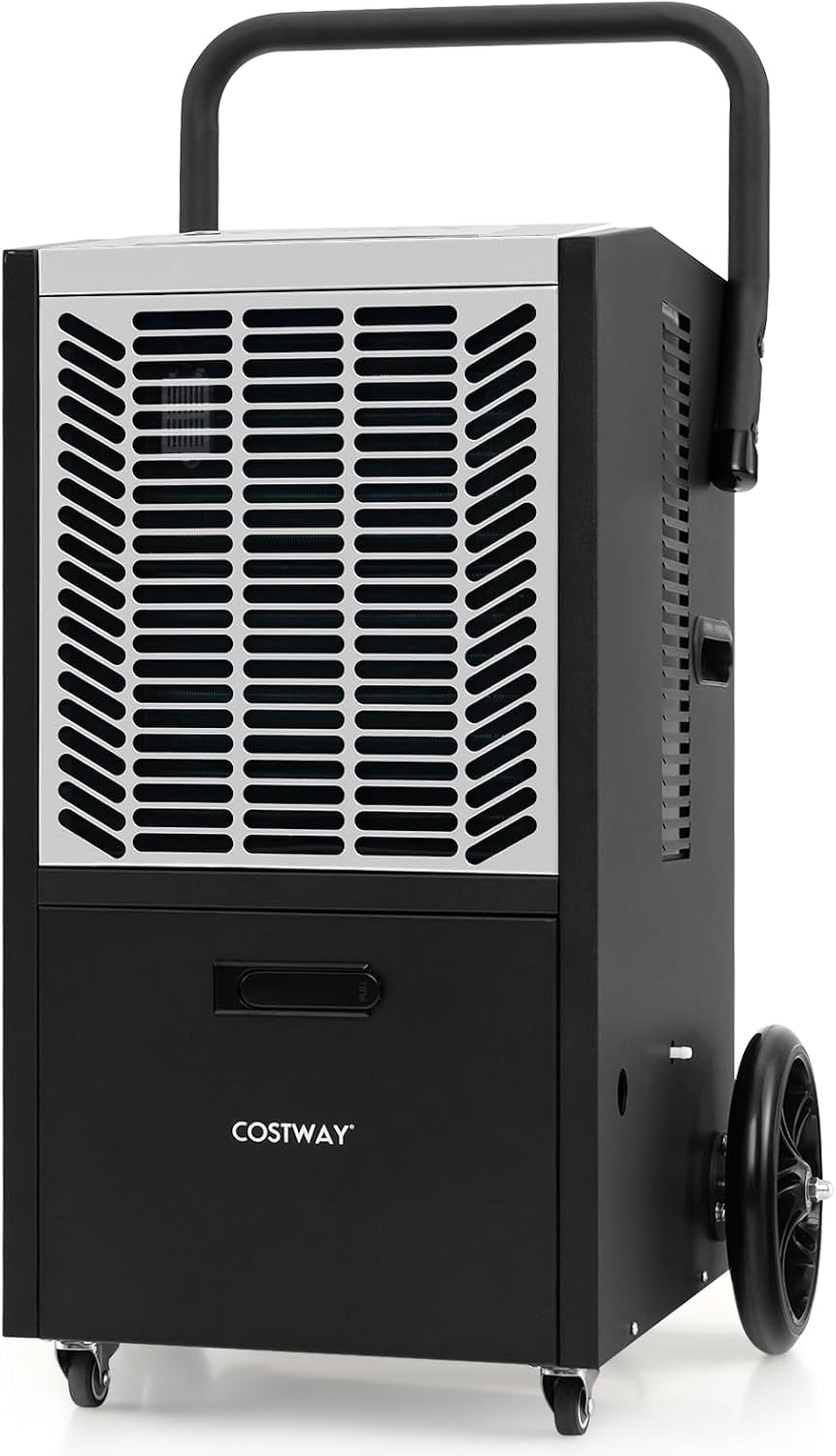 COSTWAY Luftentfeuchter, 66 L, Schwarz/Weiß, /Tag, Bautrockner mit Pumpe & Ablaufschlauch, Industrie Trocknungsgerät mit 24H Timer & 4 Rädern