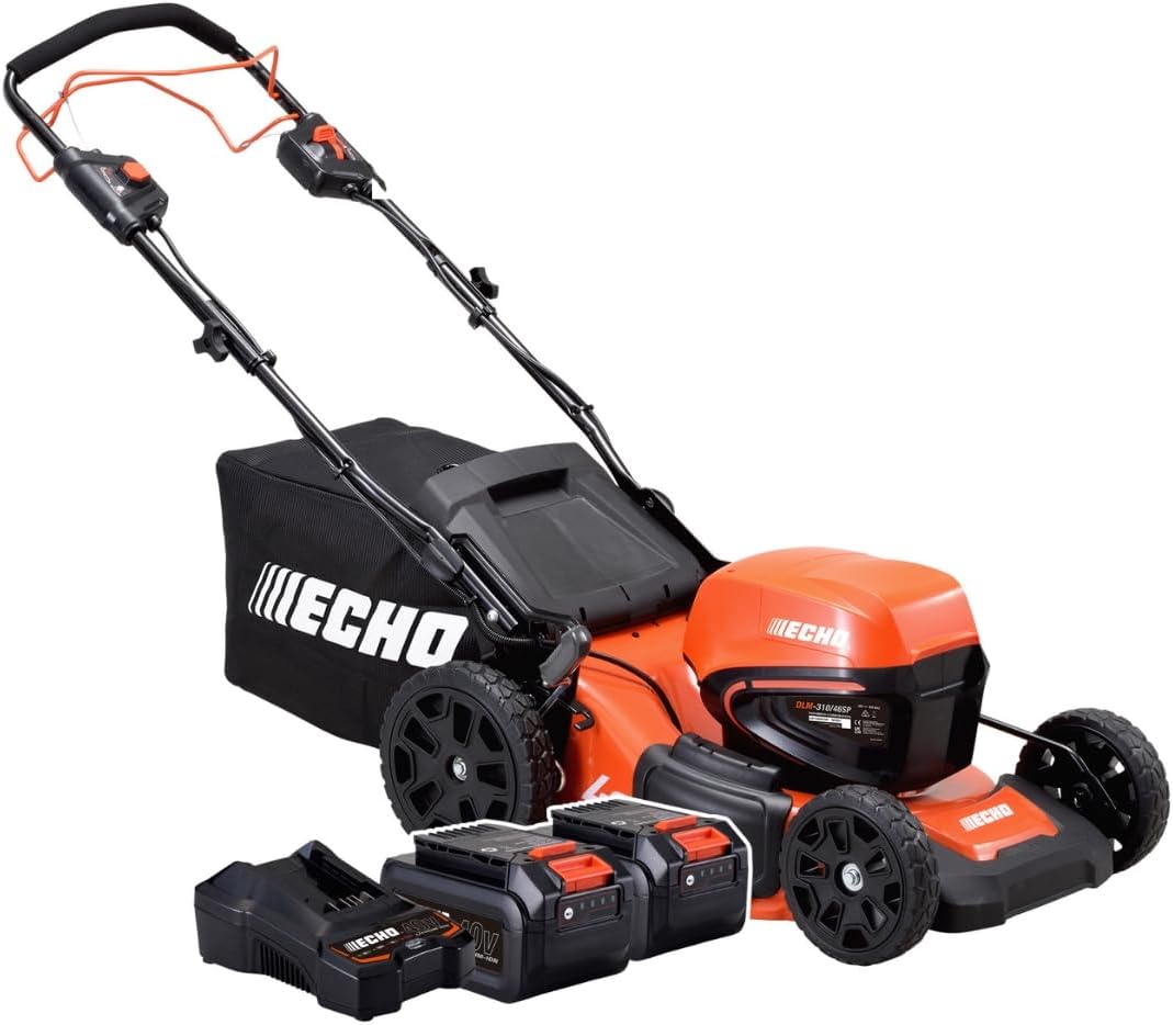ECHO Rasenmäher, 46 cm, 4 Ah, 40 V, Schwarz/Orange, Akku DLM-310/46A inkl. 2X Akku & Ladegerät, Komfortabler Fahrantrieb