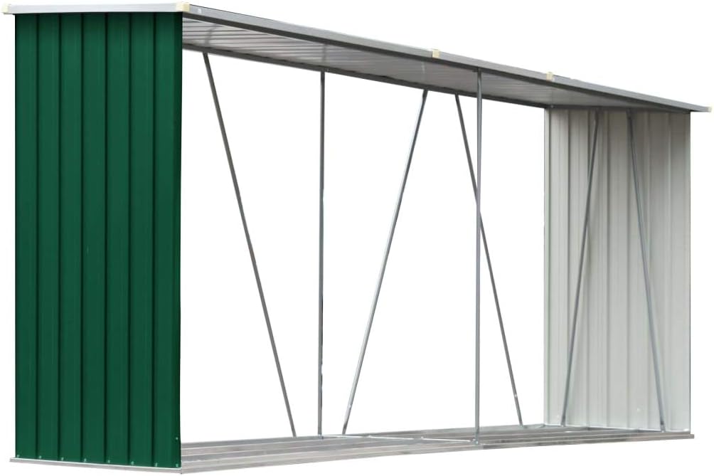 Gartenhaus Gerätehaus, 330x84x152 cm, Grün/Grau, Lagerhaus Metall Kaminholzregal Outdoor Stahl Holz