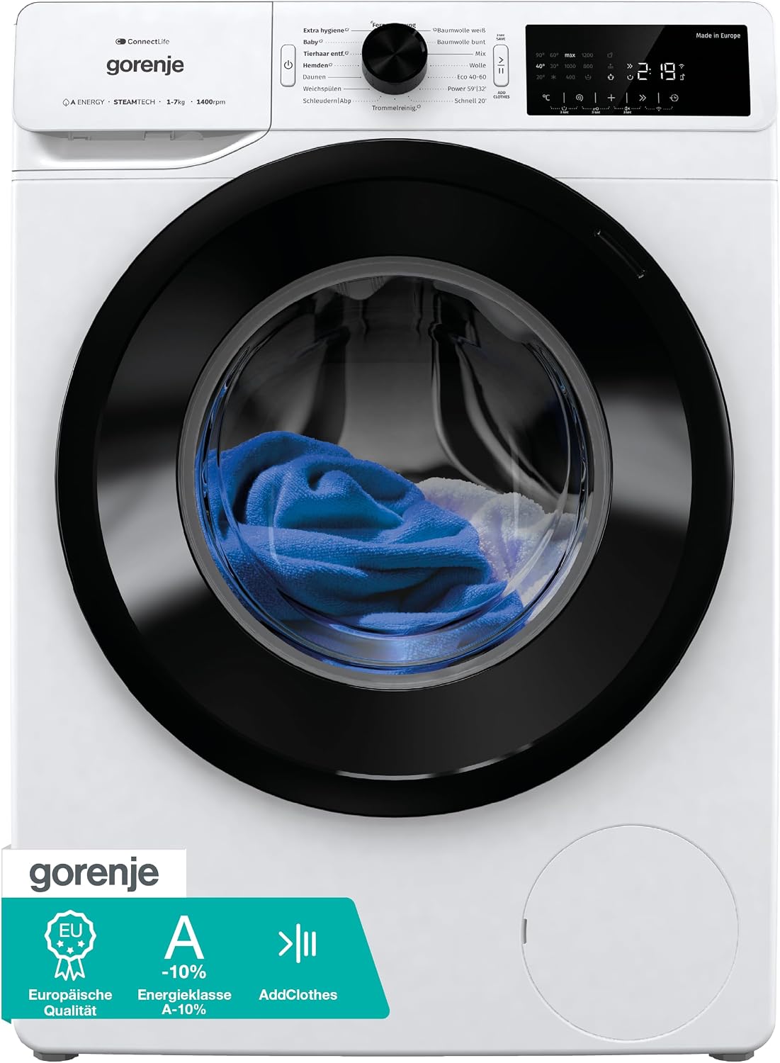 Gorenje Waschmaschine, 9Kg, Weiß/Schwarz, WPAM94A1T Waschmachine mit Dampffunktion/ConnectLife / /