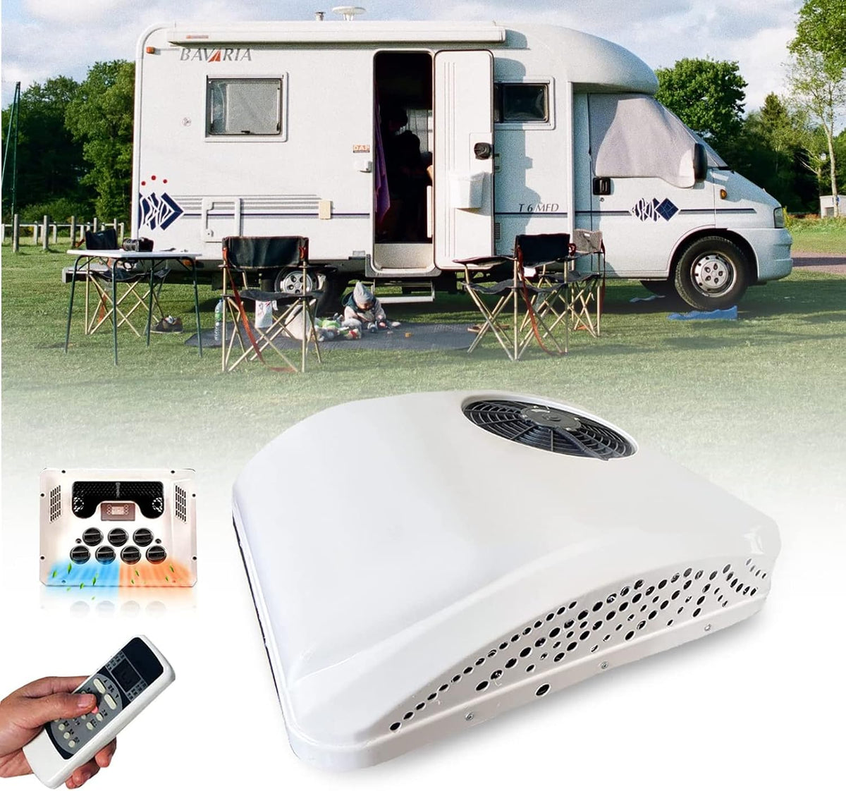 ARWIC Mobiles Klimagerät, L (68 cm) * B (63 cm) * H (20 cm)., 300 W-850 W., 12 V, Weiß