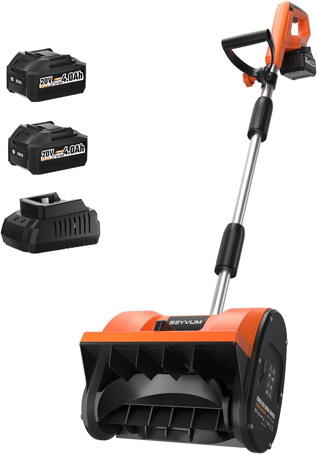 SEYVUM Schneefräse, 30,5 cm, 4,0 Ah, 4,8 m, 20 V, Orange/Schwarz, Kabellose mit 2 x Akkus und Ladegerät, bürstenloser kabelloser Schneeschaufel