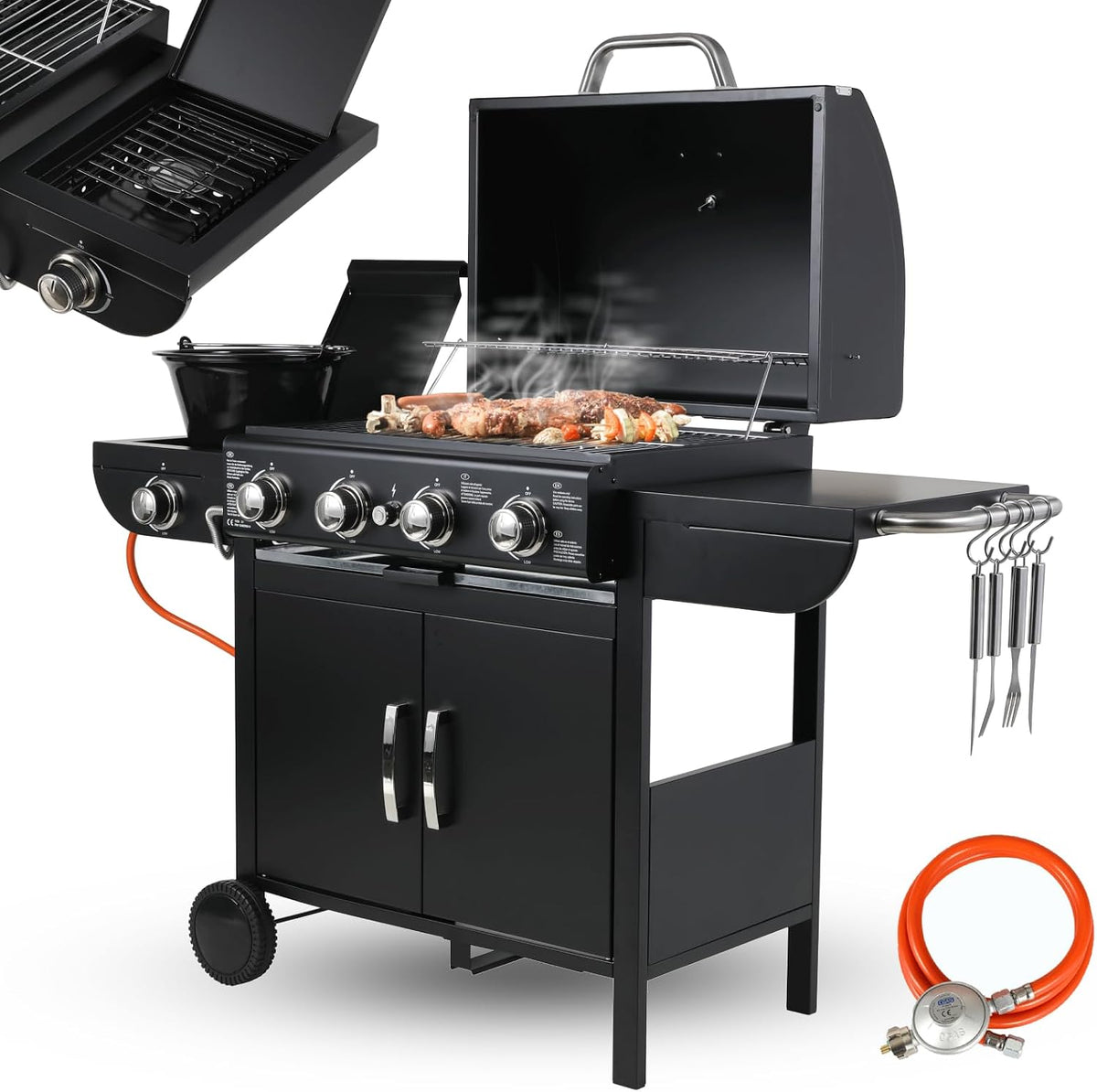 TLSUNNY Kochfeld, 2.93KW, 2.33KW, Schwarz, 4+1 Brenner Gasgrill, Gasgrill Master mit Seiten, BBQ Grillwagen Gas mit 2 pcs Rad