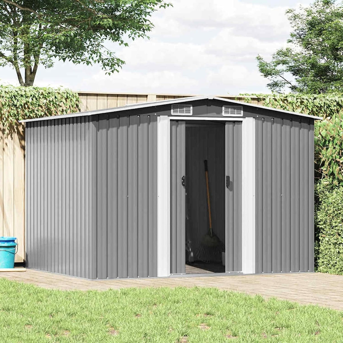 Gecheer Gerätehaus, Verzinkter Stahl, Grau/Weiß, Metall Geräteschuppen Wetterfester Außen Gartenh