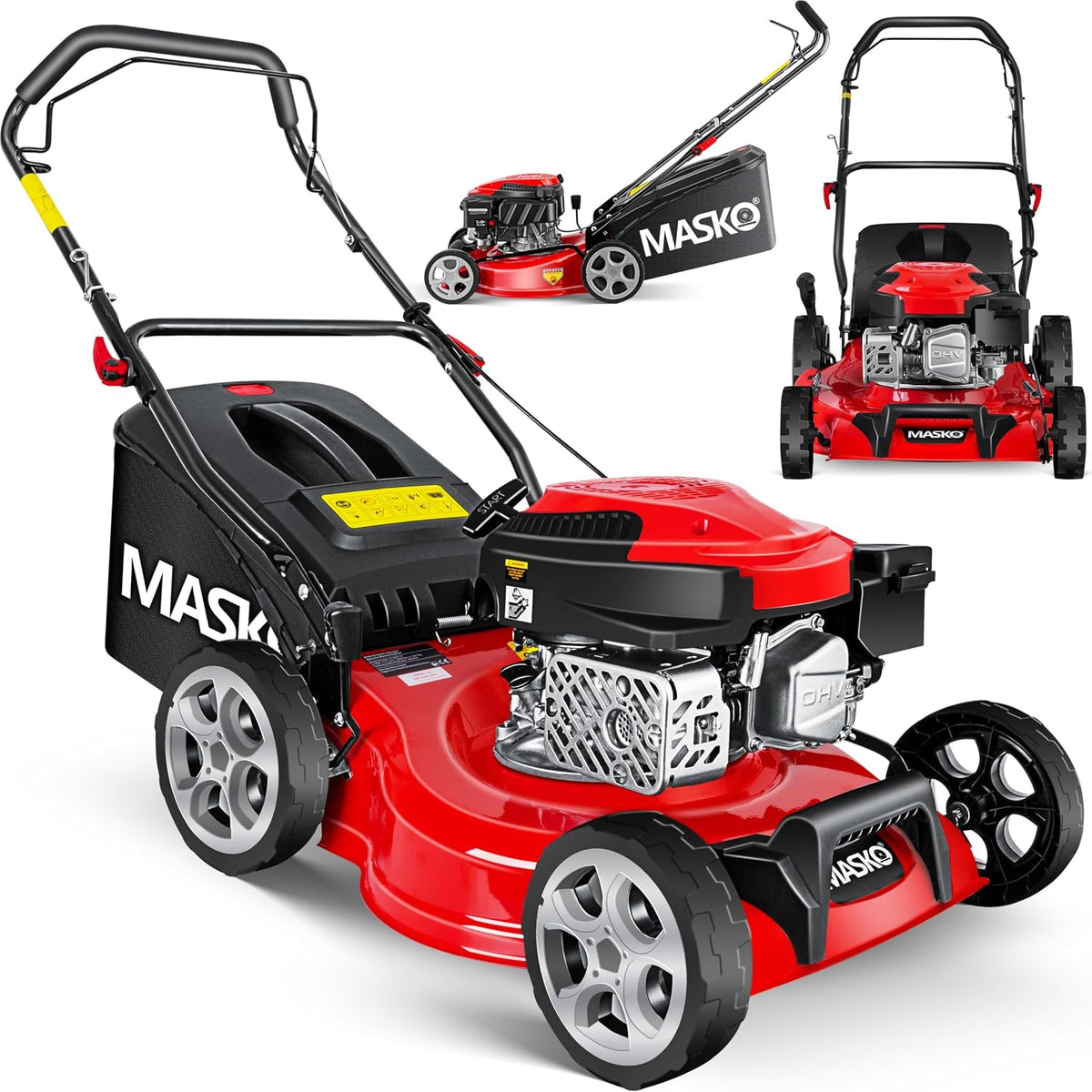 MASKO Rasenmäher, 50 Liter, 42 cm, Rot/Schwarz, ® Benzin 3in1, Schnittbreite, 7- fache Schnitthöhenverstellung