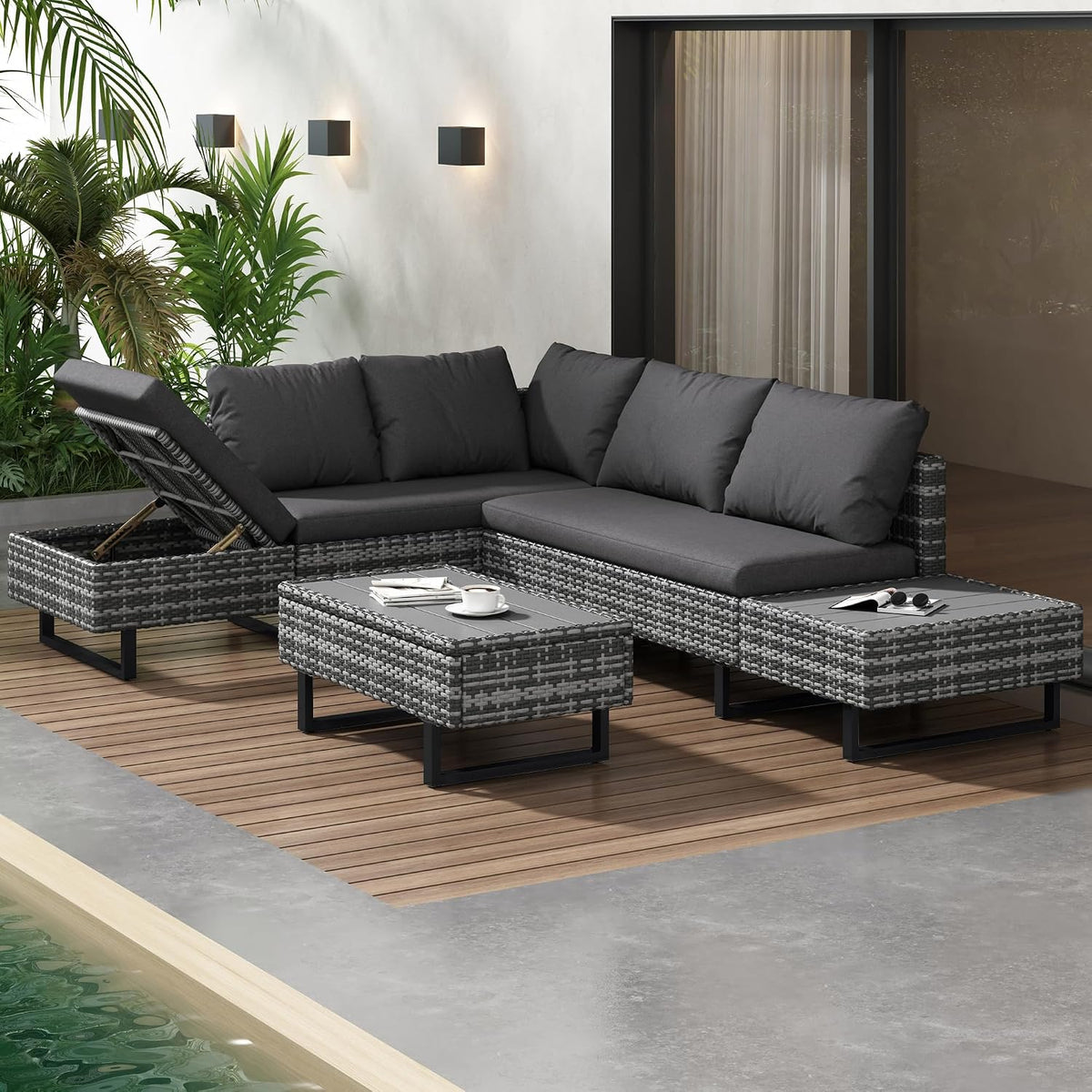 Mrwoo Sofa, Grau/Schwarz, Rattan Gartenmöbel Set, Lounge Möbel Outdoor, Lounge mit Eck, Tisch und Auflagen, abnehmbare und waschbare Stoffbezüge