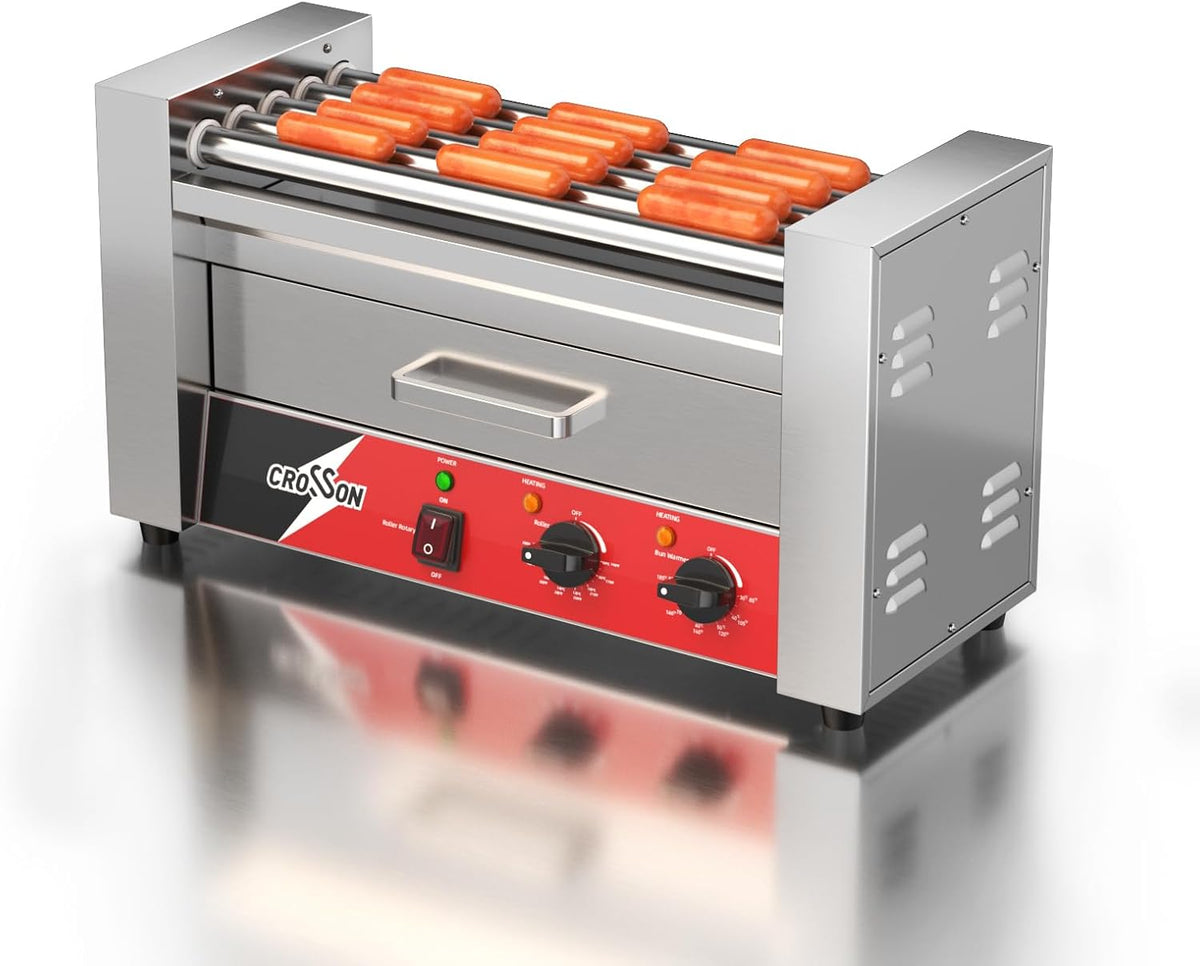crosson Elektrogrill, 1050 W, Silber/Rot, Hot Dog Maschinen 5 Rollen mit Brötchenwärmer, 12 Hotdogs Machine mit Temperaturregler Für Party