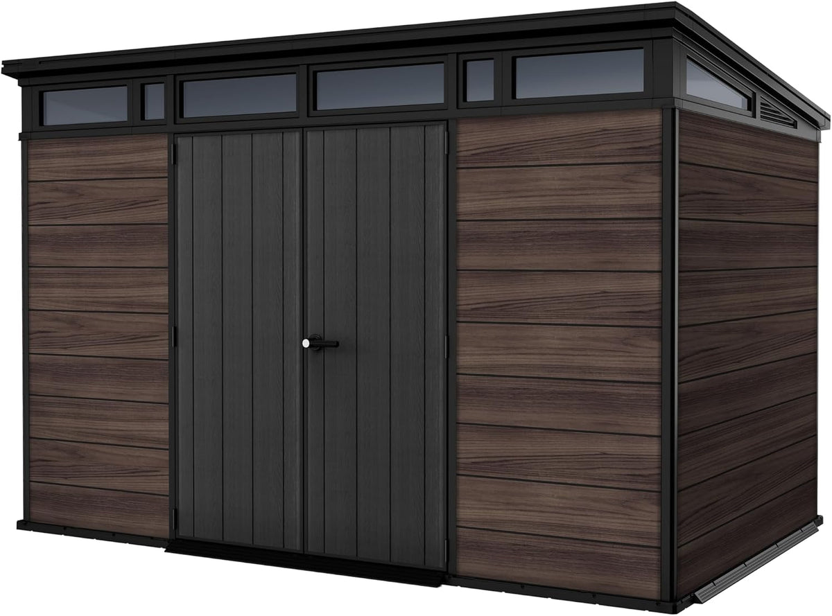 Keter Gerätehaus, 340x218x226 cm, Schwarz/Braun, Gartenhaus Signature 11x7, Kunststoff in Rosenholzoptik, abschließbar